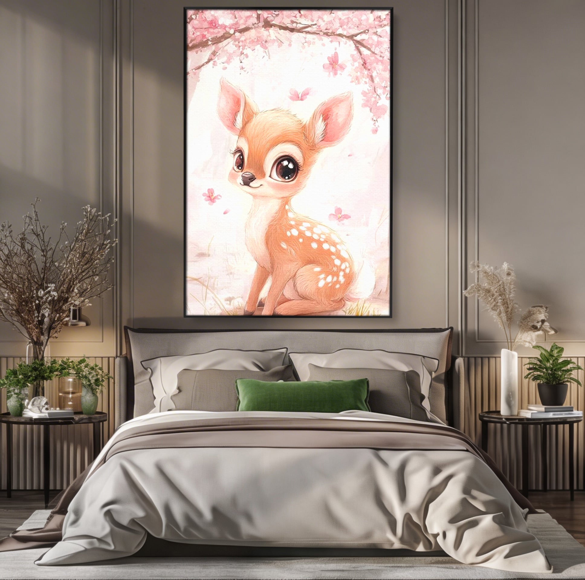 Tablou canvas cu ilustratie cu un pui de caprioara, in rama de aluminiu negru, pe perete intr-un dormitor